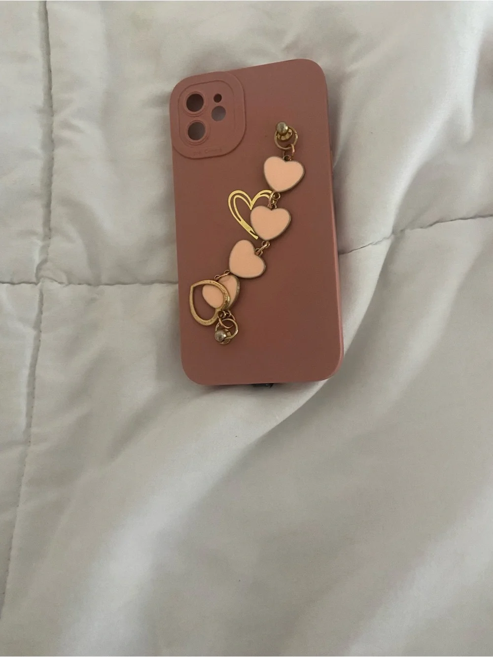 Pink Heart Chain Phone Charm on Dusty Rose Case